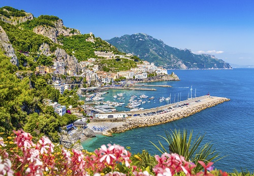 Scenic picture-postcard view of famous Amalfi Coast with beautif